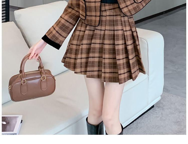Set: Stand Collar Plaid Contrast Trim Button-Up Crop Jacket + High Waist Pleated Mini A-Line Skirt Product Image