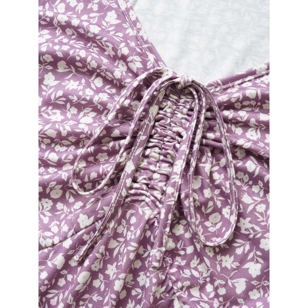 Plus Size Ditsy Floral Drawstring Ruffle Cap Sleeve Dress Mauve Women Casual Drawstring V-neck Cap Sleeve Curvy BloomChic 18-20/2X Product Image