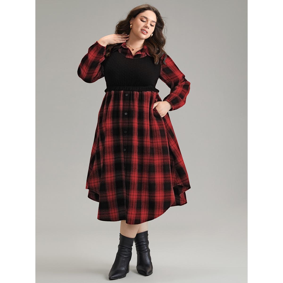 Plus Size Plaid Patchwork Jacquard Button Detail Arc Hem Dress Scarlet Women Casual Elastic cuffs Shirt collar Long Sleeve Curvy Midi Dress BloomChic 14-16/1X Product Image