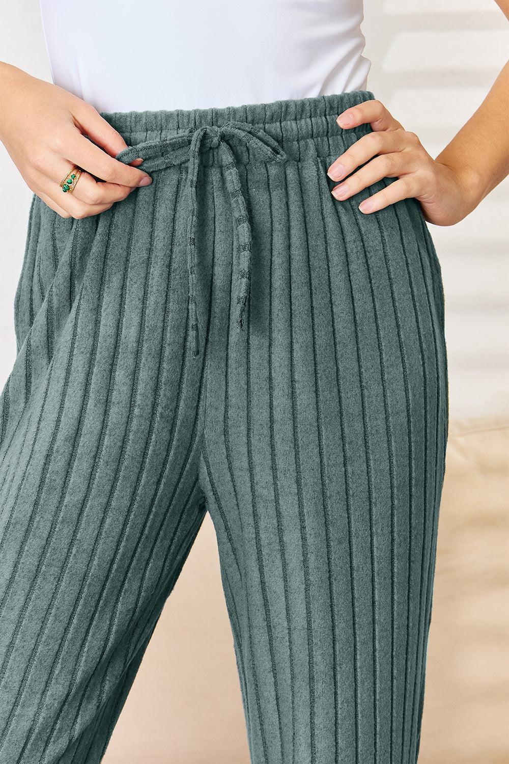 Basic Bae Full Size Ribbed Drawstring Hooded Top and Straight Pants Set Product Image