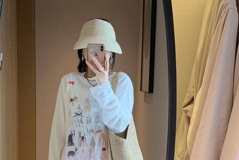 Long-Sleeve Round Neck Dog Print Lace Panel Sheer T-Shirt Product Image