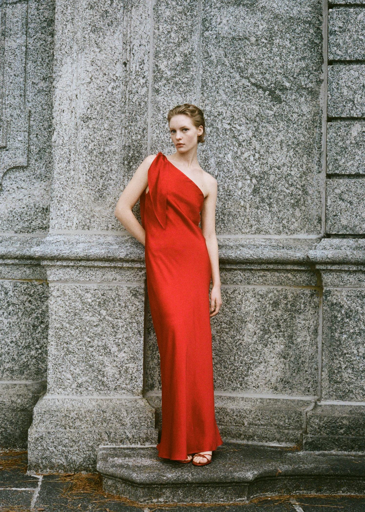 Satin dress with bow - Women | MANGO USA Product Image