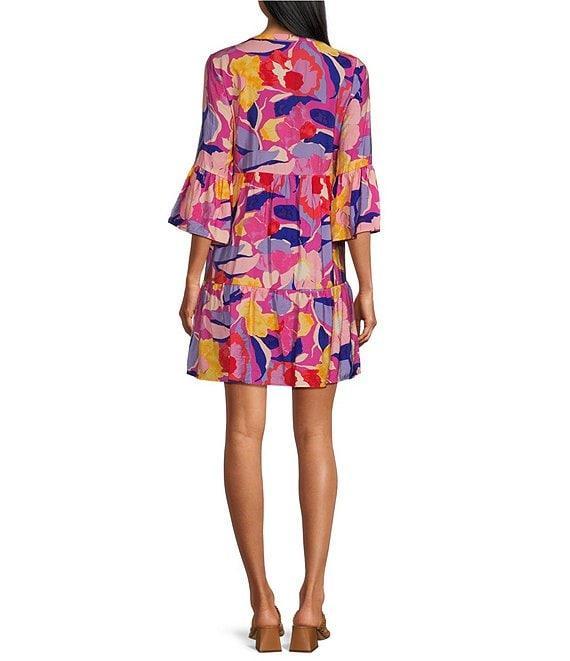 Leslie Fay Split V-Neck 3/4 Bell Sleeve Printed Dress Product Image