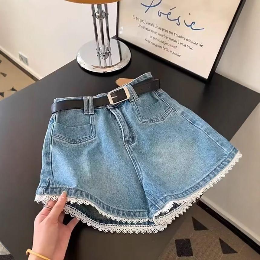 High Waist Washed Lace Trim Denim Shorts Product Image