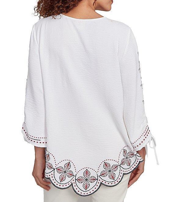 Ruby Rd. Soft Crepe Gauze Embroidered Scoop Neck 3/4 Tie Sleeve Top Product Image