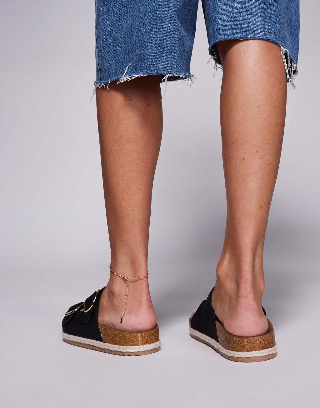 South Beach double buckle espadrille sandals in black textile Product Image