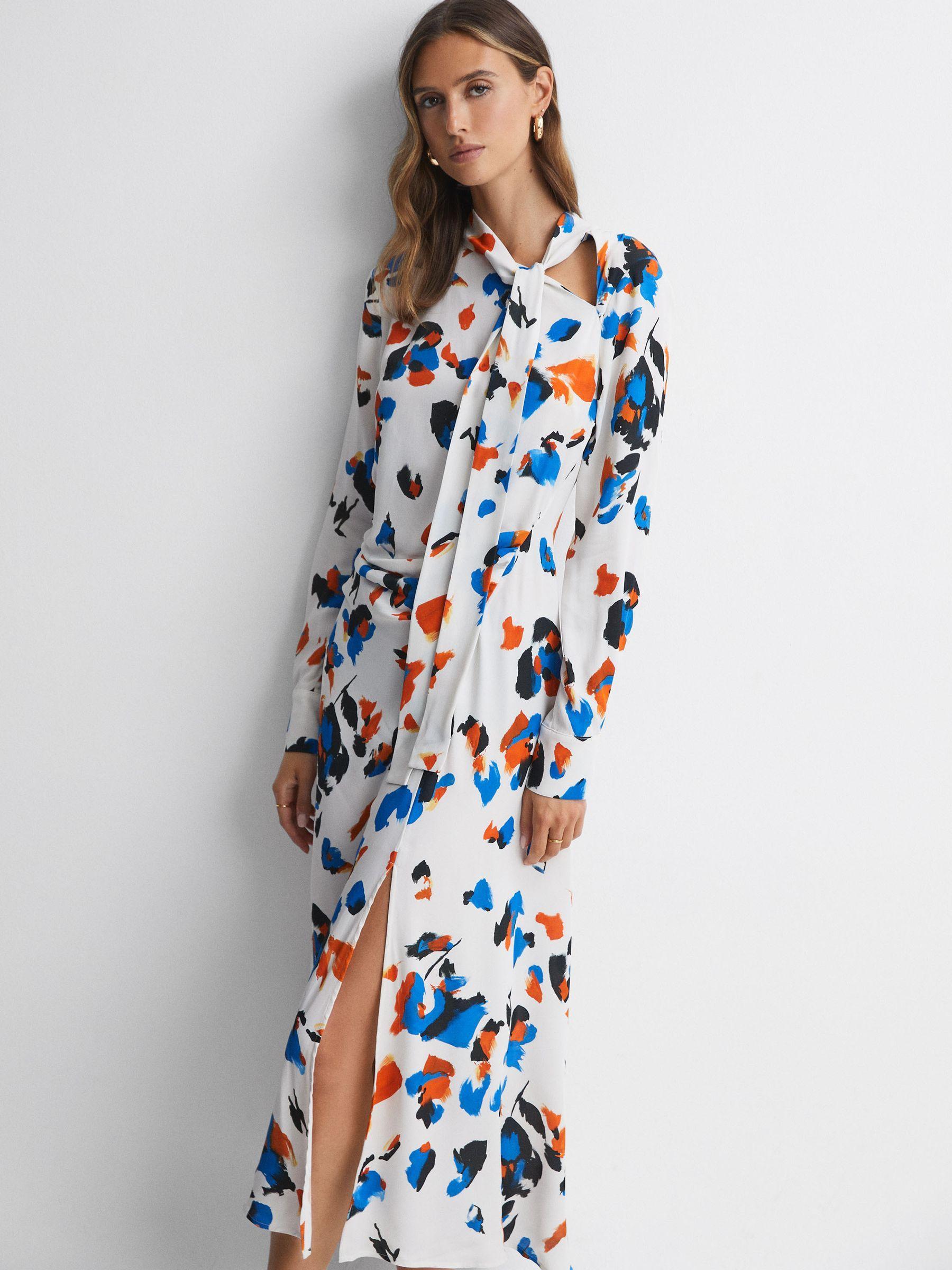 Printed Tie Neck Midi Dress in Blue Product Image