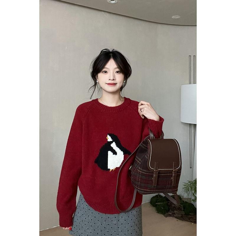 Crew Neck Penguin Jacquard Sweater Product Image