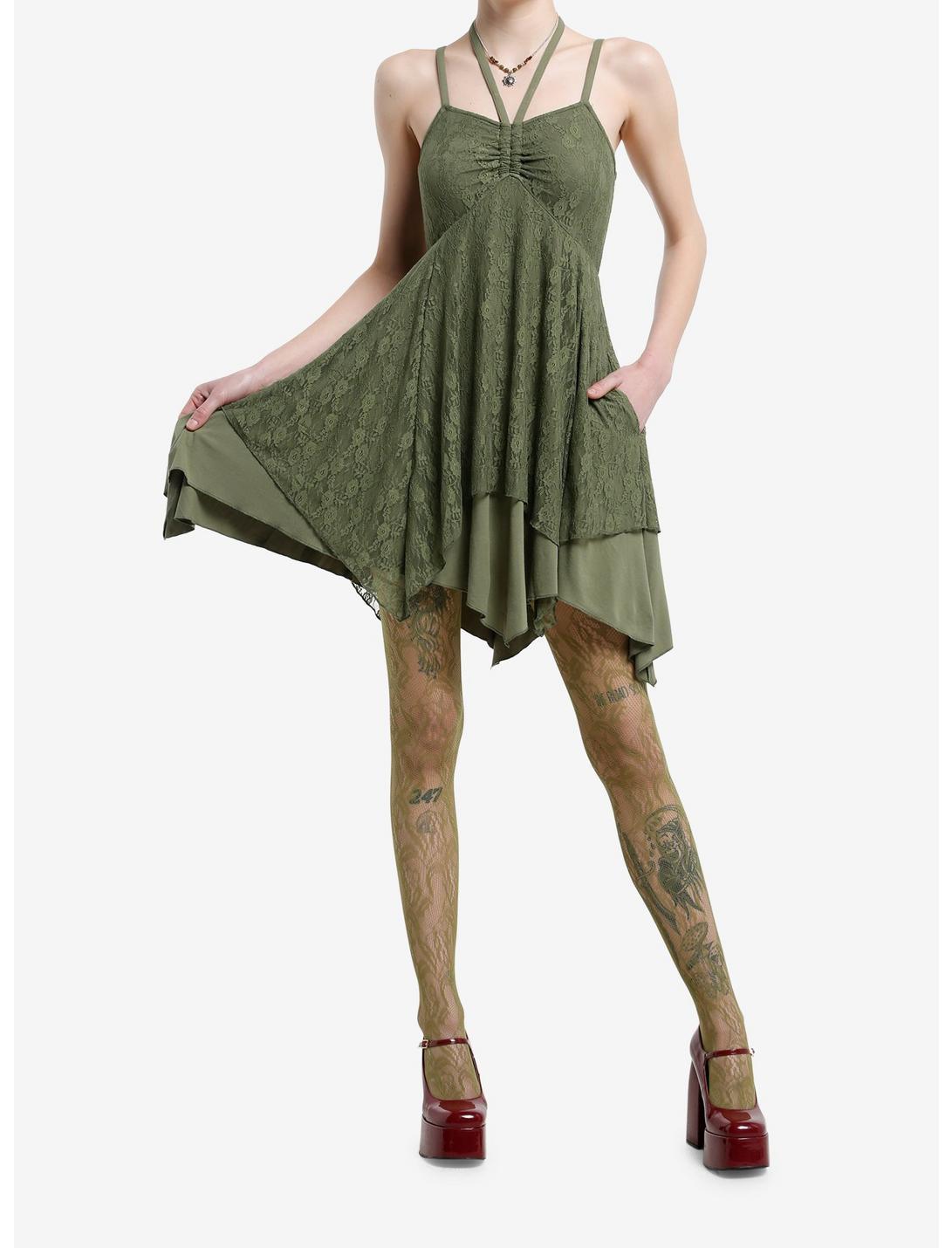 Thorn & Fable Green Lace Hanky Hem Halter Dress Product Image