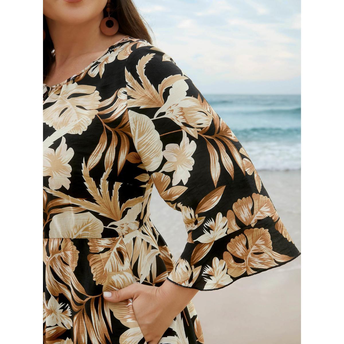 Plus Size Tropical Leaf Print Neck-Tie Tiered Midi Dress Black Women Resort Tie knot Round Neck Elbow-length sleeve Curvy BloomChic 12/L Product Image