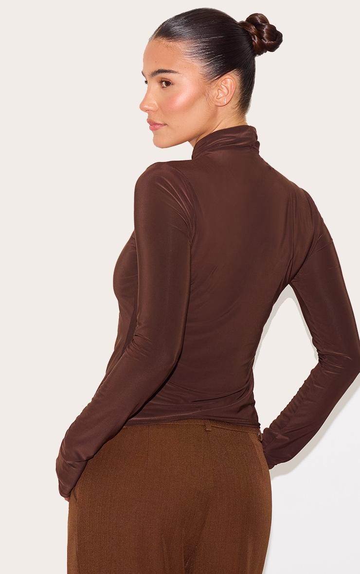 Chocolate Slinky High Neck Thumb Detail Long Sleeve Top Product Image