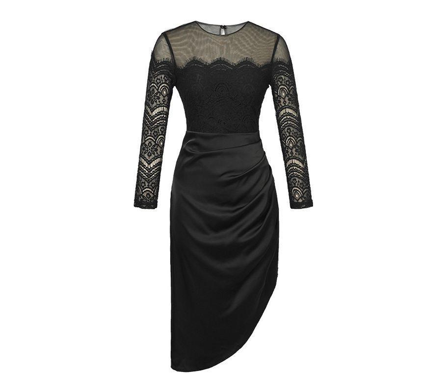 Long-Sleeve Round Neck Plain Ruched Asymmetrical Satin Panel Lace Sheath Dress Product Image