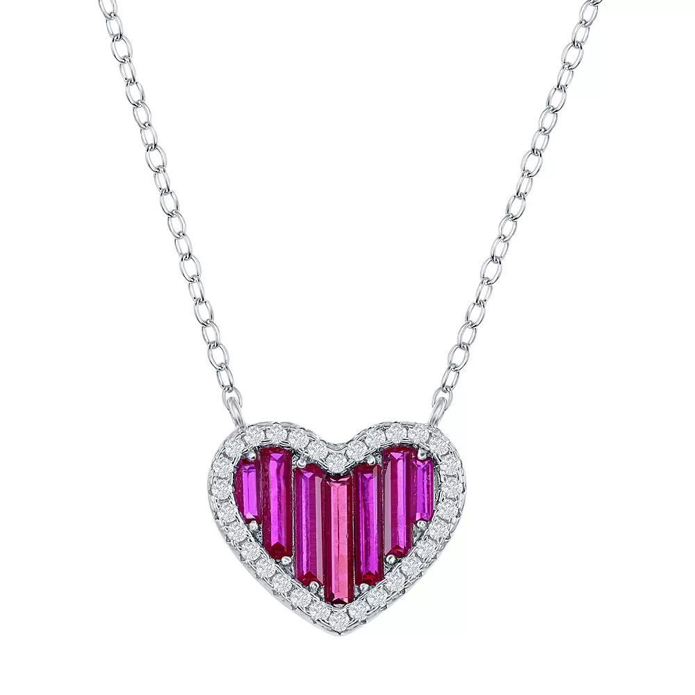 Sterling Silver Red Baguette Cubic Zirconia Heart Necklace, Women's Product Image
