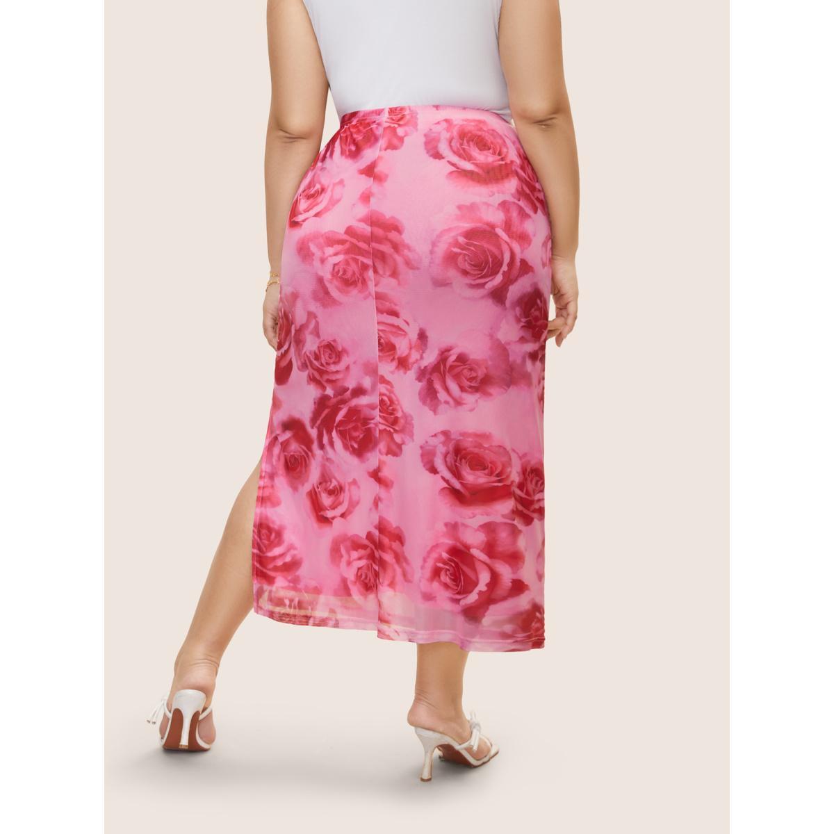 Plus Size Floral Mesh Split Side Cropped Skirt Women Watermelon Elegant Non Low stretch Everyday Skirts BloomChic 22-24/3X Product Image