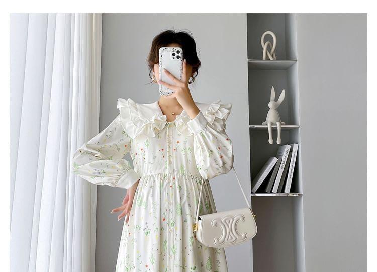 Maternity Long-Sleeve Collar Floral Button Midi A-Line Dress Product Image