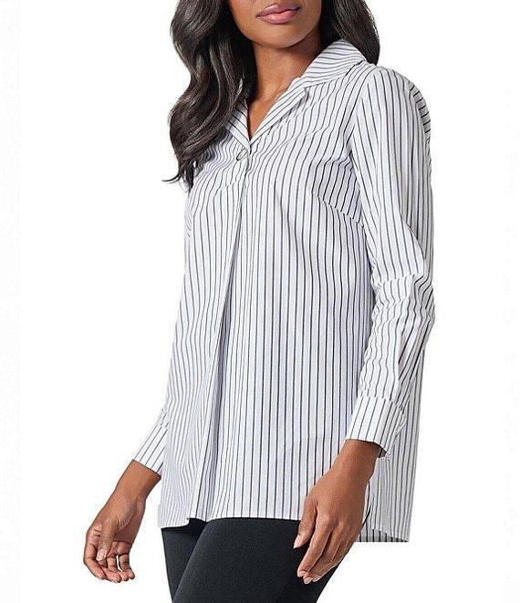 Ming Wang Pinstripe Notch Collar Long Sleeve Top Product Image