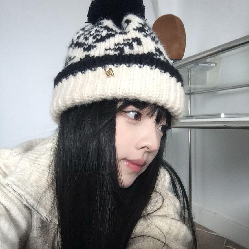Patterned Pom Pom Knit Beanie Product Image