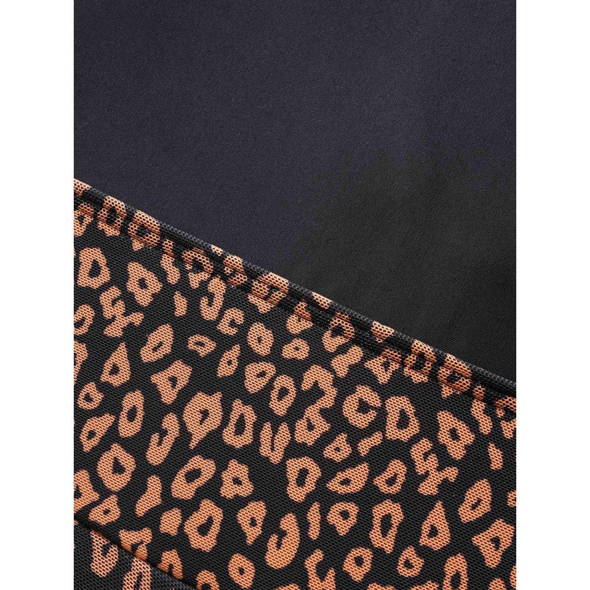 Plus Size V Neck Leopard Print Patchwork Swim Dress Women's Swimwear Black Beach Bodycon Overlap Collar High stretch Curve Swim Dresses BloomChic 12/L Product Image