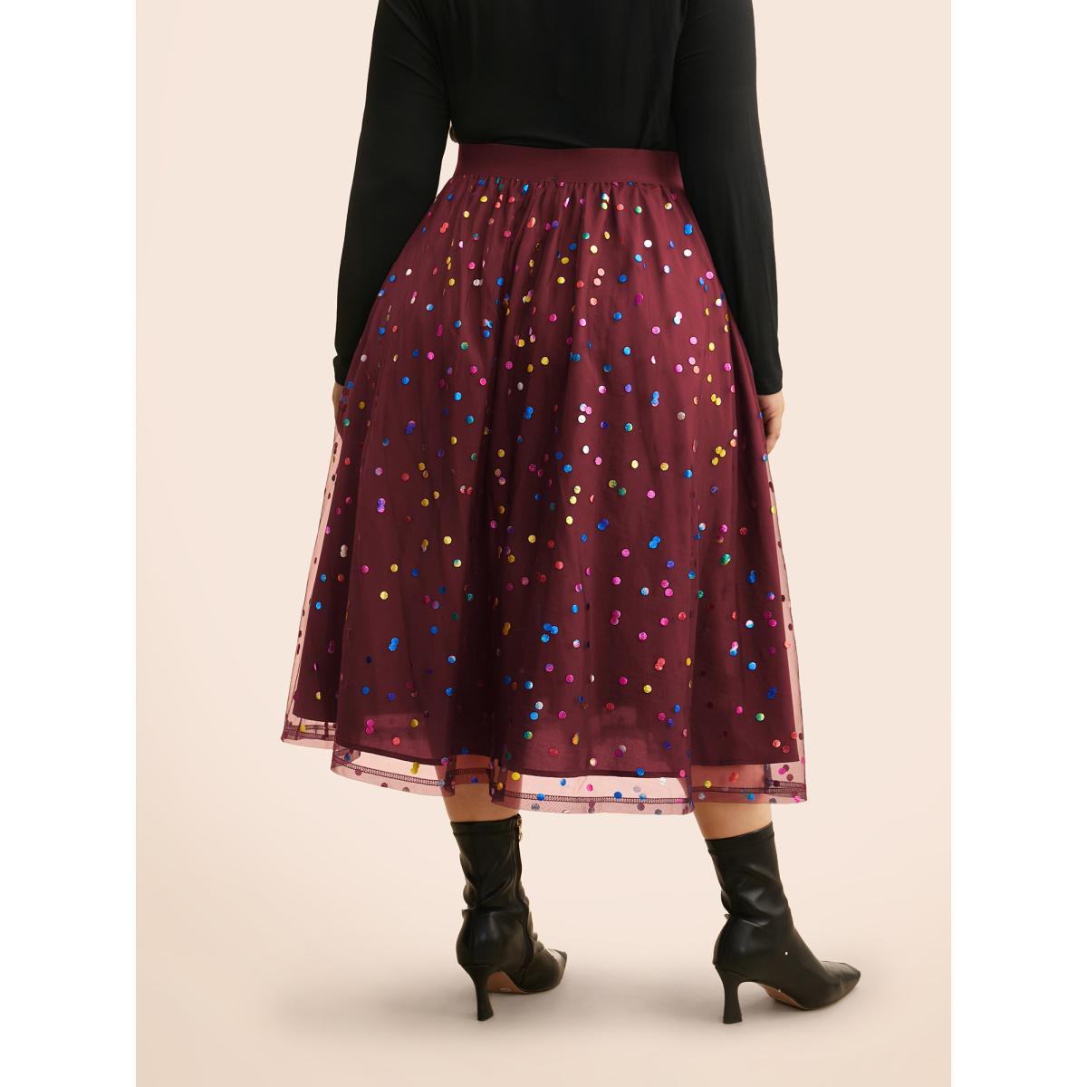 Plus Size Sequin Polka Dot Tiered Mesh Skirt Women Burgundy Cocktail Tiered Loose No stretch Side seam pocket Party Skirts BloomChic 26/4X Product Image