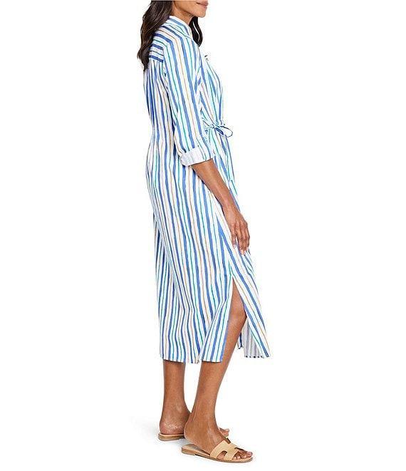 NIC + ZOE Jamie Oasis Stripe Print Point Collar Long Sleeve Shirt Midi Dress Product Image