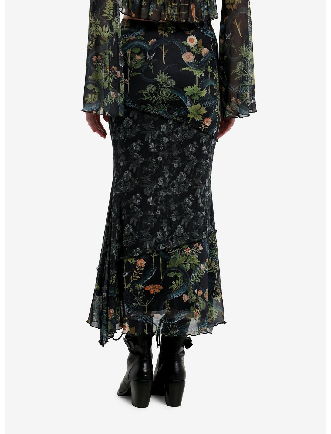 Cosmic Aura Snakes & Green Flowers Mesh Midi Skirt Product Image