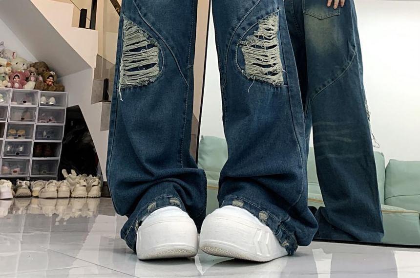 High-Waist Washed Distressed Wide-Leg Jeans Product Image