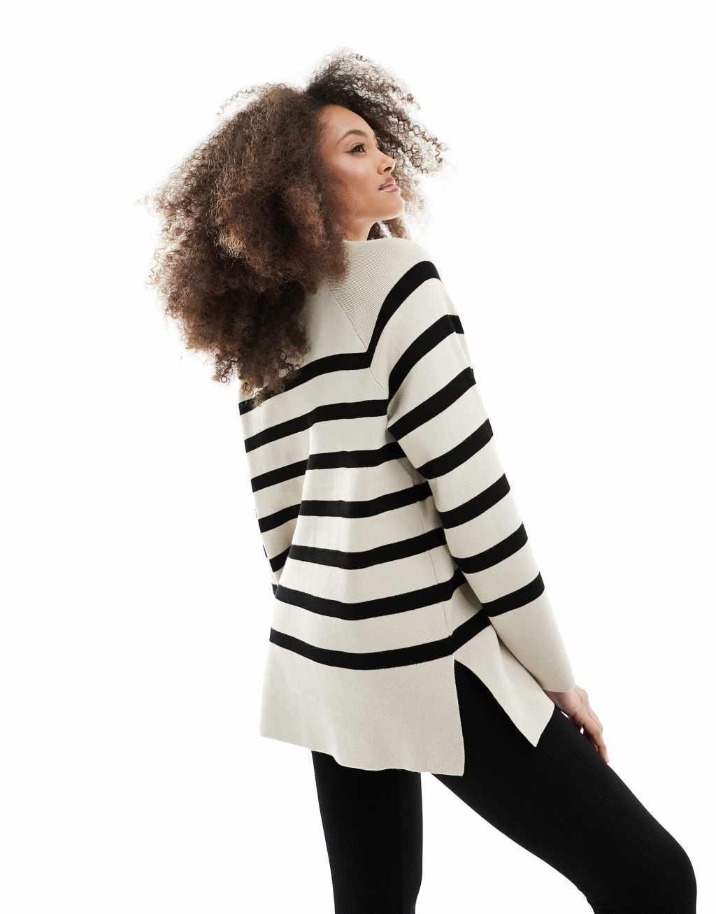 Object knitted round neck sweater in cream mono stripe Product Image