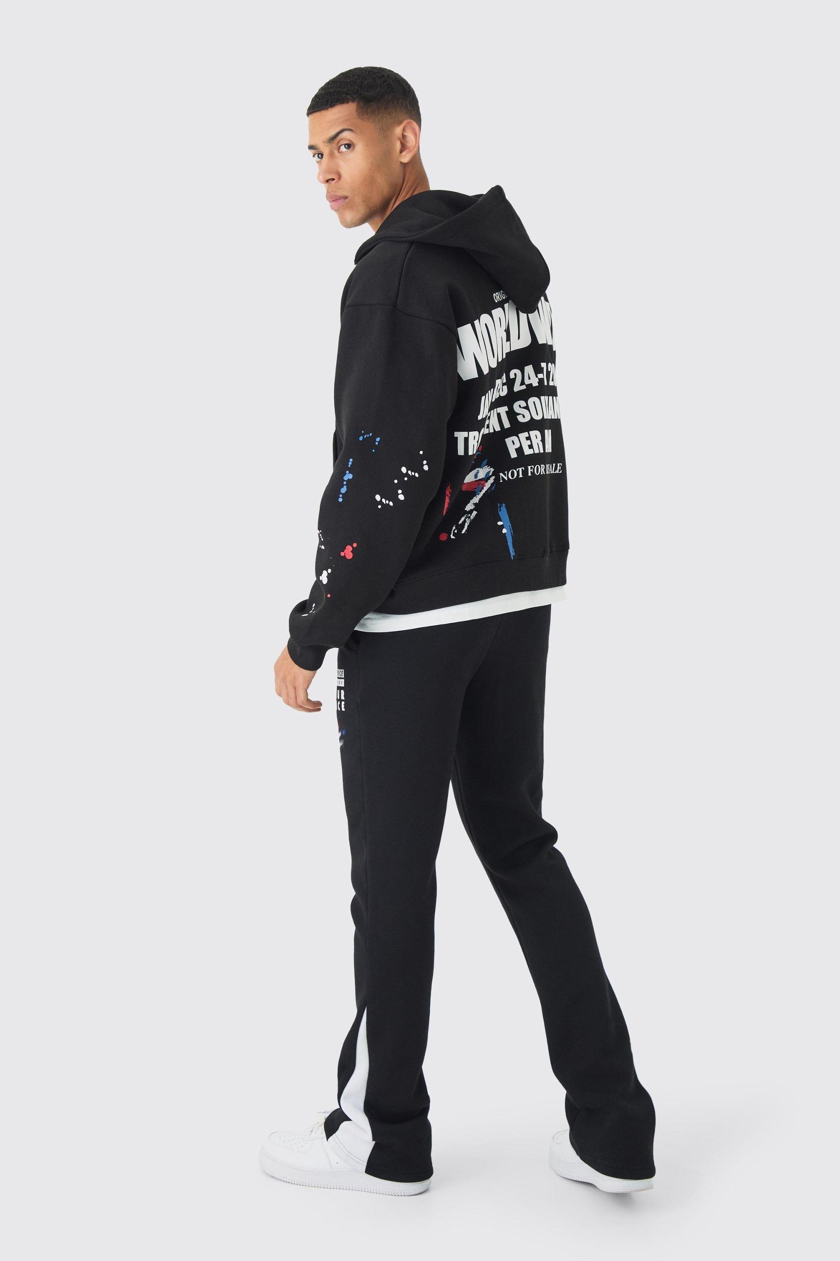 Slim Stacked Flare Paint Splatter Gusset Sweatpants | boohooMAN USA Product Image