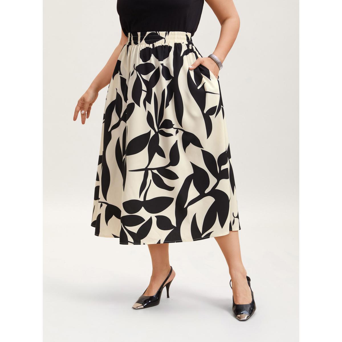 Plus Size Leaf Print Stretchy-Waist Midi Skirt Women Apricot Elegant Contrast Loose No stretch Slanted pocket Everyday Skirts BloomChic 28/5X Product Image