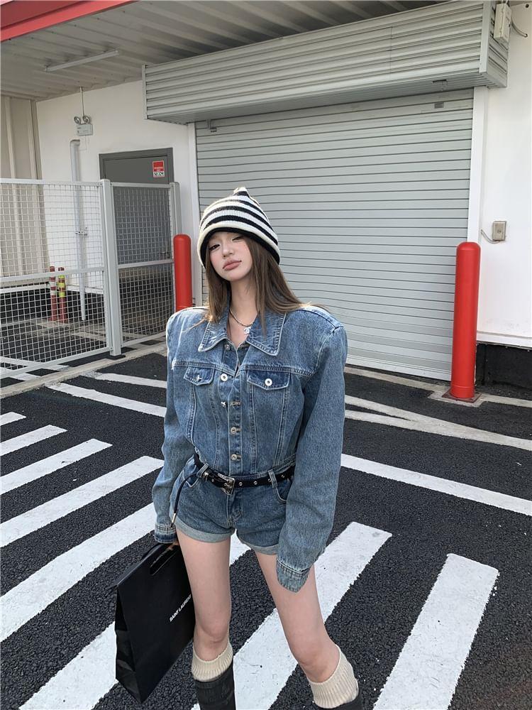Long-Sleeve Washed Button-Up Denim Romper Product Image