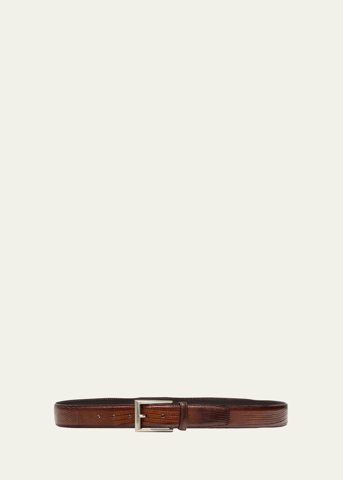 Mens Lizard Silvertone-Buckle Belt, Cognac Product Image
