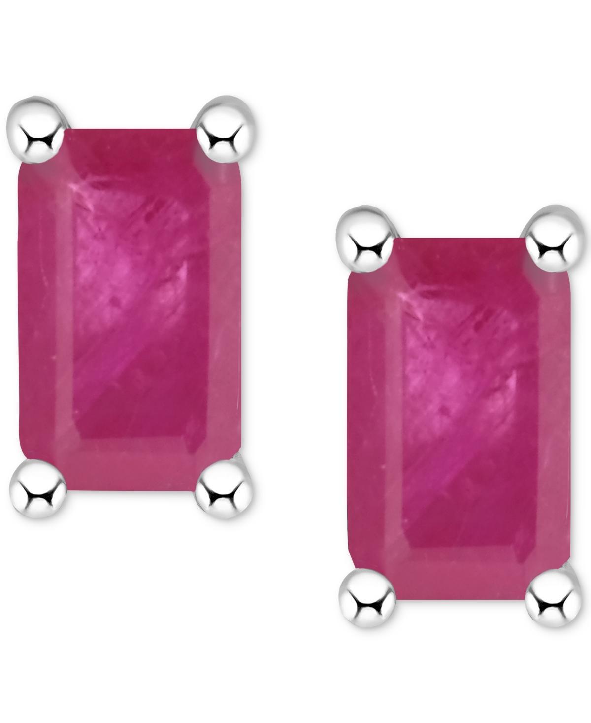 14k White Gold Emerald Cut Birthstone Stud Earrings, Women's, Red Jul Product Image
