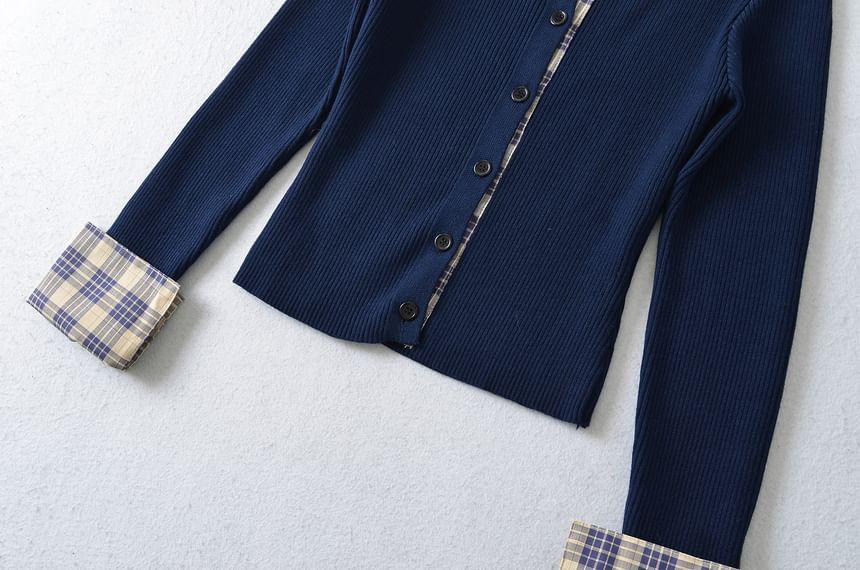 Mock Two-Piece Long-Sleeve Crew Neck Plaid Panel Button Ribbed Knit Top Product Image