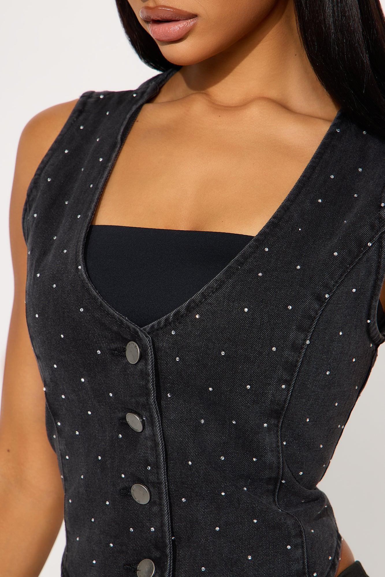 Glitz And Glam Embellished Denim Vest - Black Wash Product Image