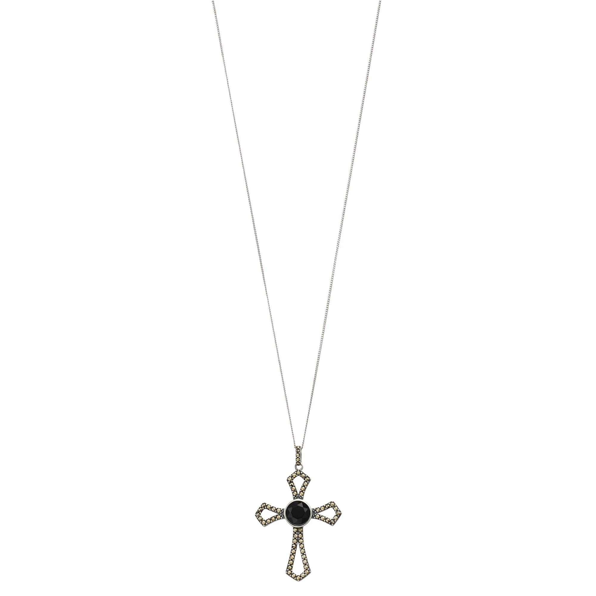 Tori Hill Sterling Silver Onyx & Marcasite Cross Pendant Necklace, Womens Product Image