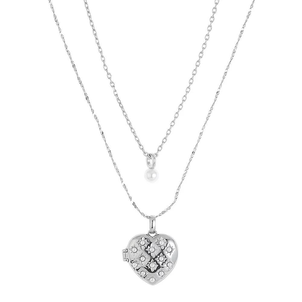 Forever Close 2-pc. Fine Silver Plated Simulated Pearl & Heart Locket Necklace Set, Women's, Size: 16/18", Silver Tone Product Image