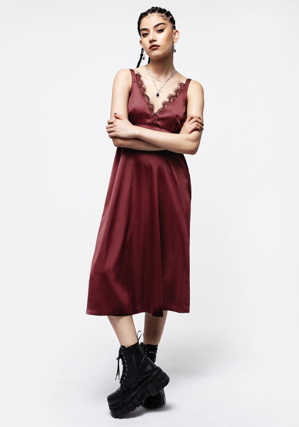 Medeina Lace Trim Satin Midi Slip Dress - Red Product Image