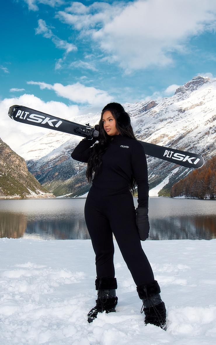 PRETTYLITTELTHING Plus Black Embroidered Zip Up Knit Ski Base Layer Top Product Image