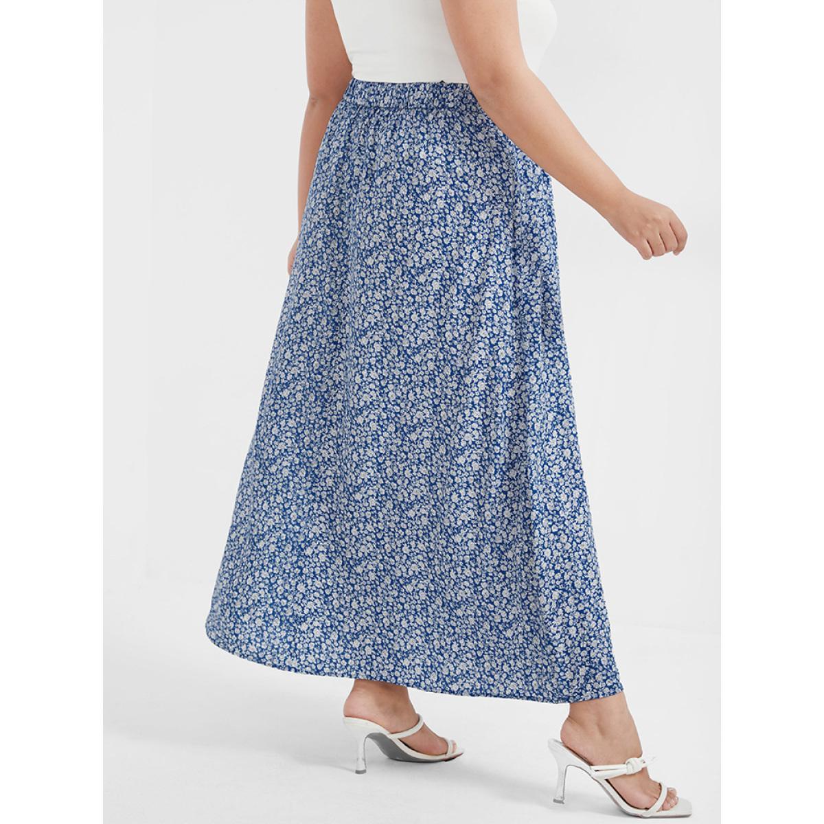 Plus Size Ditsy Floral Printed Irregular Loose Skirt Women LightBlue Elegant Gathered Loose No stretch Dailywear Skirts BloomChic 30/6X Product Image