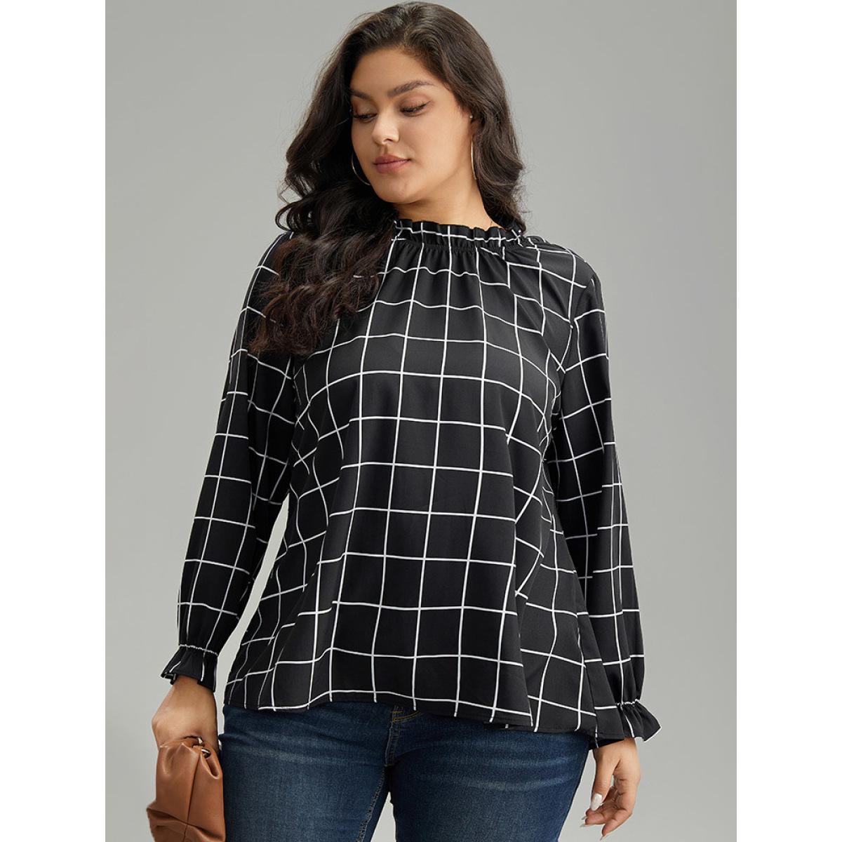 Plus Size Black Plaid Stand Collar Ruffles Lantern Sleeve Blouse Women Office Long Sleeve Stand-up collar Work Blouses BloomChic 10/M Product Image