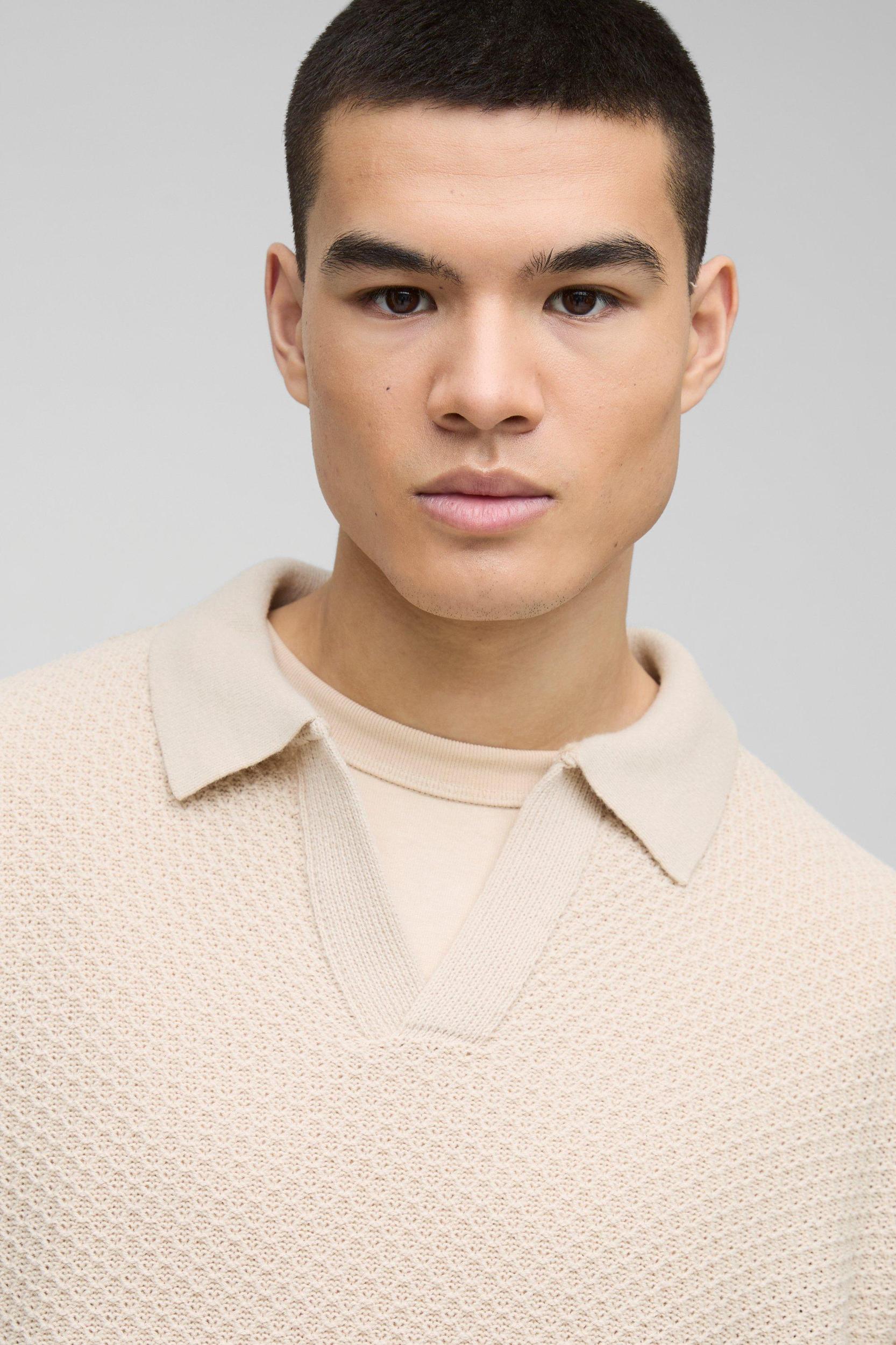 Oversized Boxy Knitted Revere Polo | boohooMAN USA Product Image