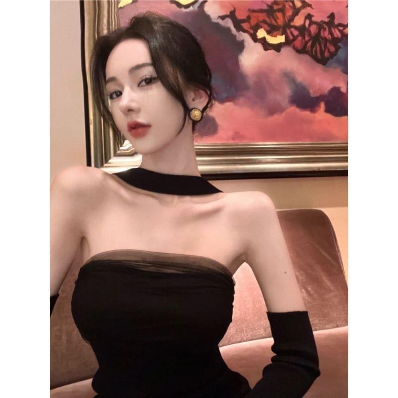Halter Plain Slit Panel Mesh Midi Sheath Dress Product Image