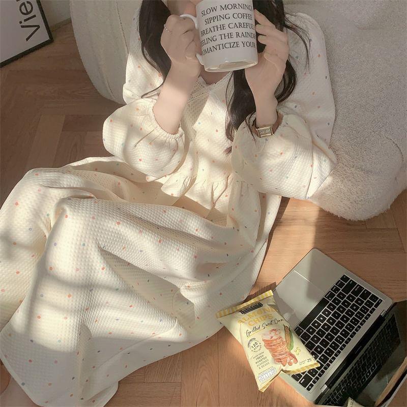 Puff-Sleeve Dotted Lace Trim Pajama Dress Product Image