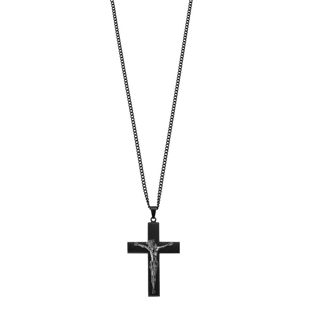 Kristen Kesho Stainless Steel Black Plated Crucifix Curb Chain Pendant Necklace, Men's, Size: 24" Product Image