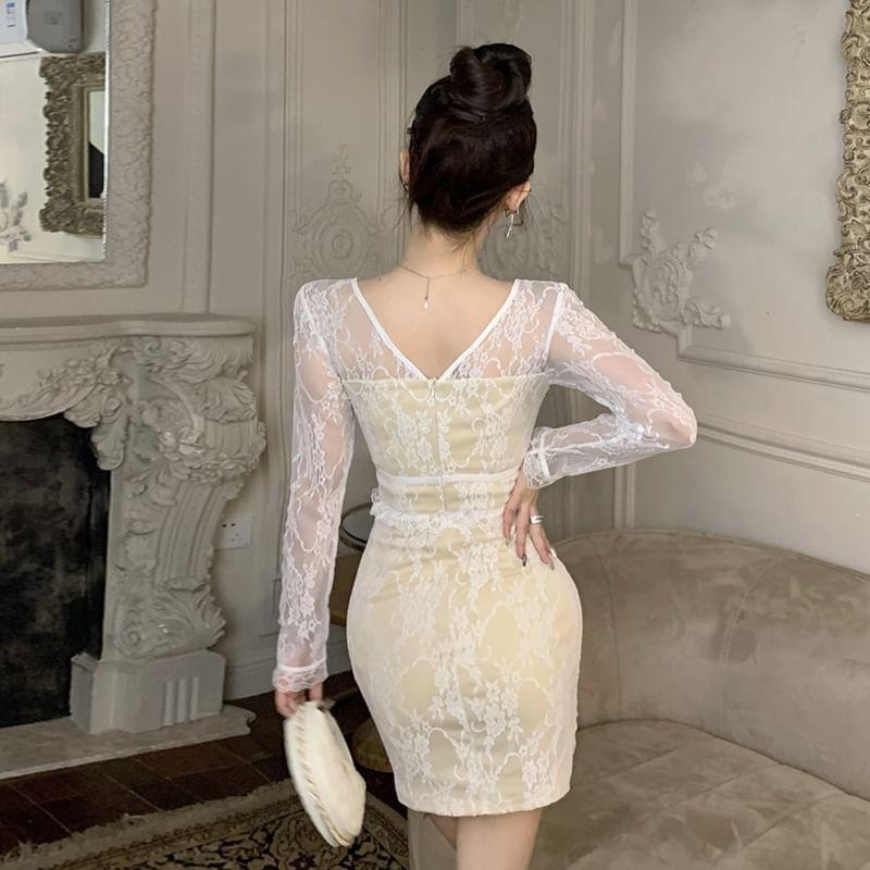Long Sleeve Sweetheart Neck Bow Lace Overlay Mini Sheath Dress Product Image