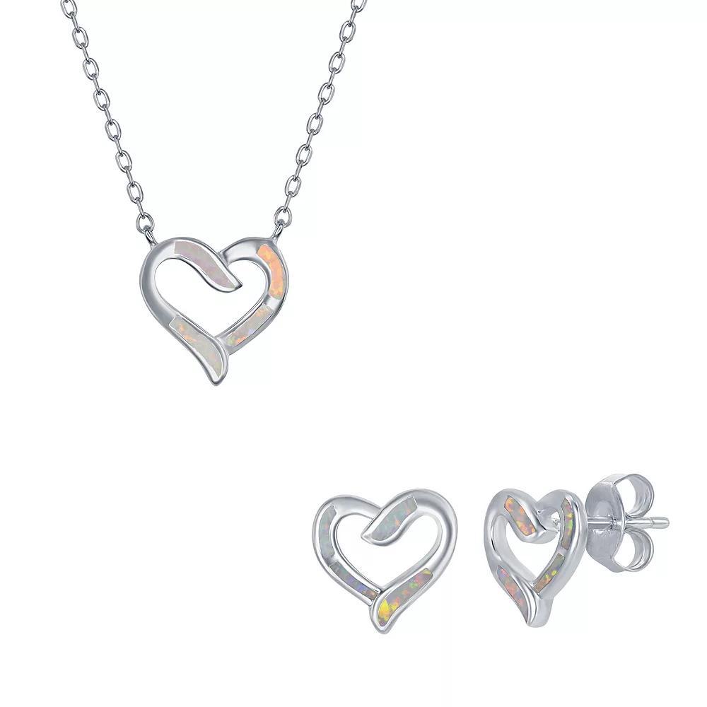Sterling Silver Lab-Created Opal Open Heart Pendant Necklace & Earrings Set, Women's, Size: 18", White Product Image