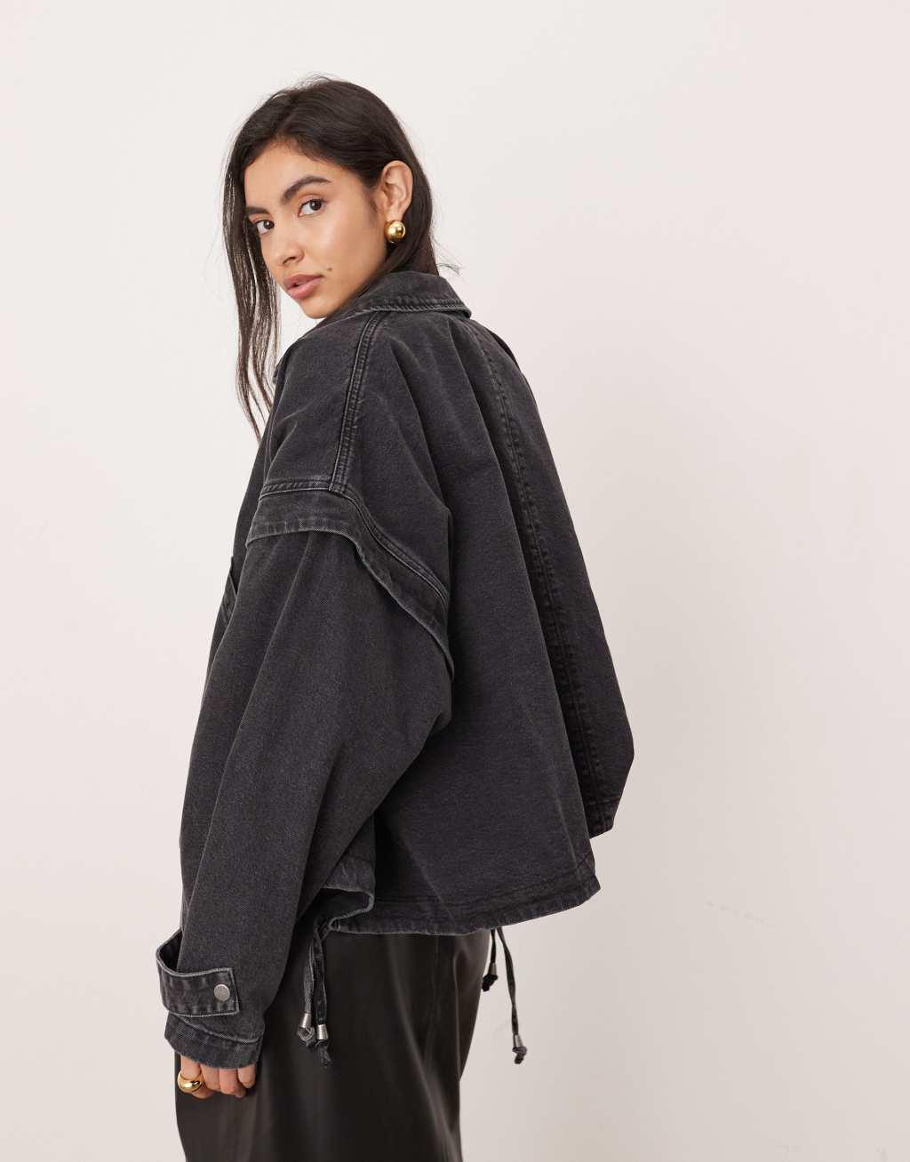 ASOS EDITION denim bomber jacket with tab sleeve detail in washed black Product Image