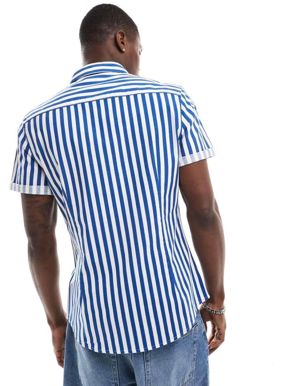 ASOS DESIGN stretch slim oxford stripe shirt in navy Product Image