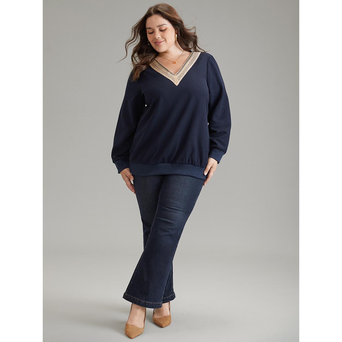 Plus Size Patchwork Lace Panel V Neck Waffle Knit Sweatshirt Women Blue Elegant Rib Knit V-neck Dailywear Sweatshirts BloomChic 30/6X Product Image