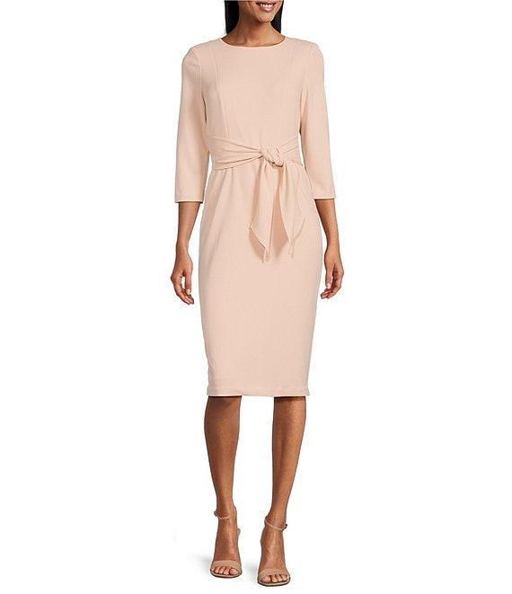 Adrianna Papell Stretch Crepe Crew Neck Tie Waist 3/4 Sleeve Midi Sheath Dress Product Image